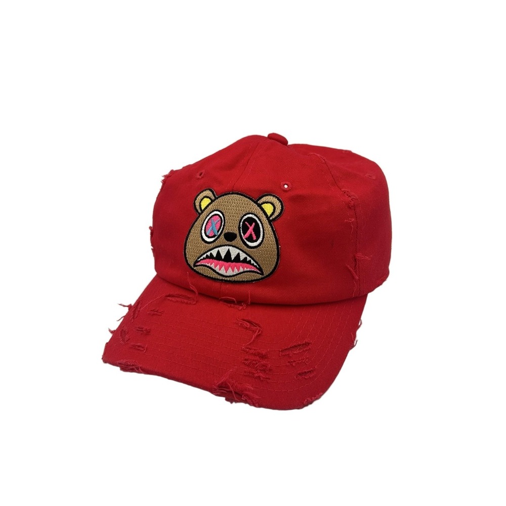 KBETHOS Red Distressed Baseball Cap Embroidered Bear Face Adjustable Cotton